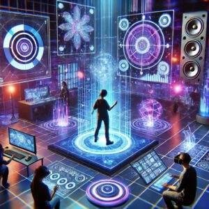 Experiencia inmersiva de alta tecnología en la que una persona interactúa con una interfaz holográfica