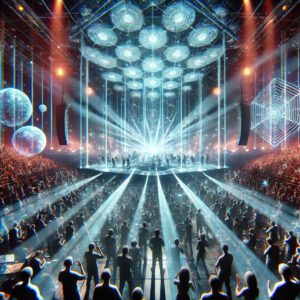 Un concierto futurista con mucho público y con tecnología inmersiva, en el que el público está rodeado de hologramas