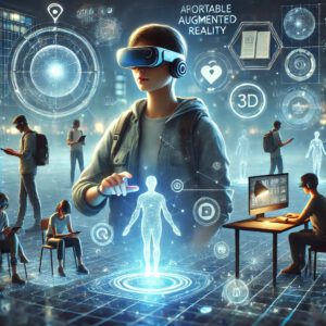 Representa una persona usando dispositivos portátiles de realidad aumentada que ofrecen experiencias inmersivas en cualquier lugar