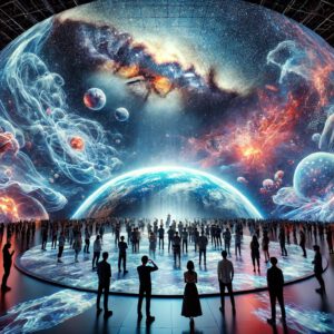 representa la experiencia de ponerte un visor y explorar una galaxia lejana con paisajes surrealistas y criaturas fantásticas. Es una imágen colorida y envolvente