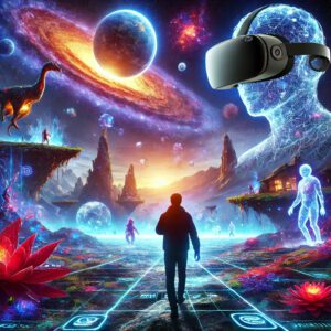 representa una experiencia de proyecciones 360° de una persona recorriendo un sendero en un entorno inmersivo con una cúpula envolvente y visuales impresionantes.